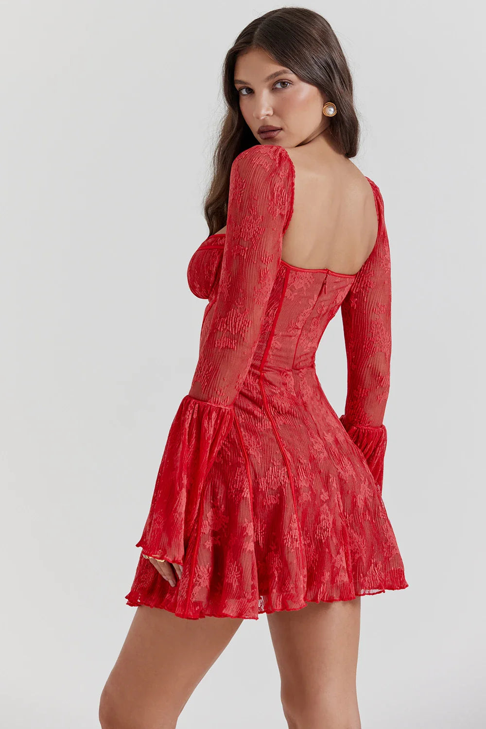 Long Sleeve Lace Charming Square Neck Mini Dress