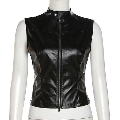 Black Pu Leather Charming Moto Zipper Tank Top