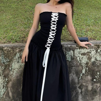 Black Tube Ruched Charming Lace Up Maxi Dress