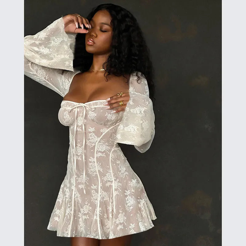 White Square Neck Lace Graceful Mesh Long Sleeve Mini Dress