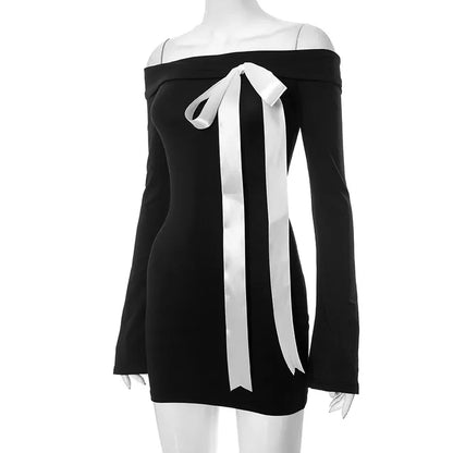 Black Off-Shoulder Long Charming Sleeve Bow Mini Dress