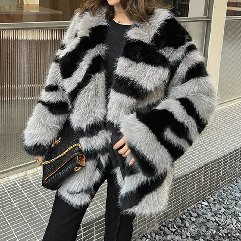 Zebra Striped Stylish Faux Fur Coat