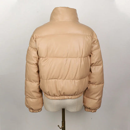 Faux Leather Stylish Puffer Short Jacket