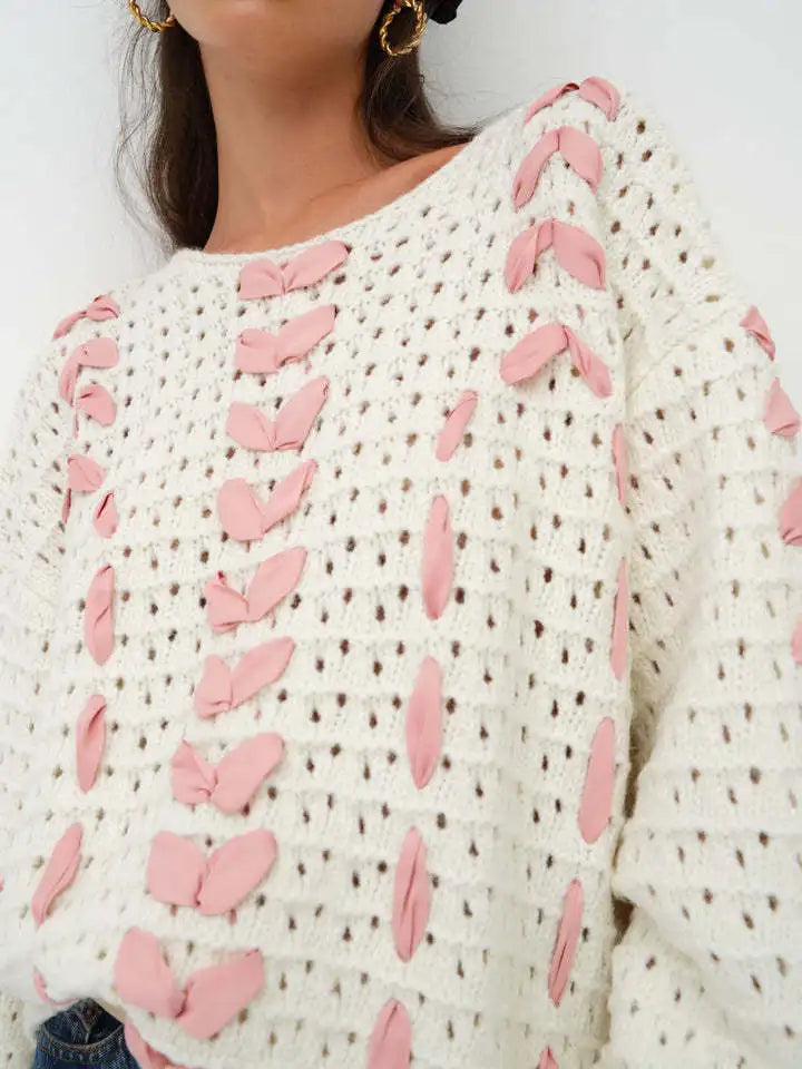 White Knit Pink Charming Ribbon Lace Up Sweater