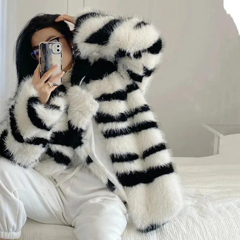 Zebra Striped Stylish Faux Fur Coat