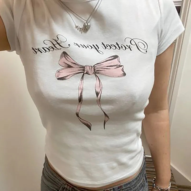 Short Sleeve Bow Charming Text Print White Tee