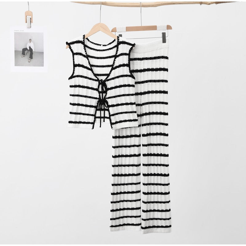 Stripe Knitted Vest Charming Top And Pants Set