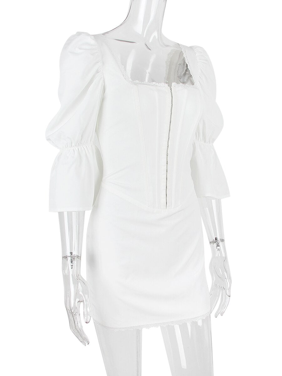 White Puff Sleeve Charming Hook Mini Dress