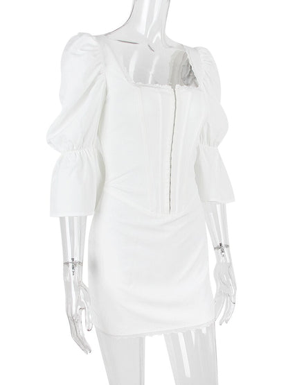 White Puff Sleeve Charming Hook Mini Dress