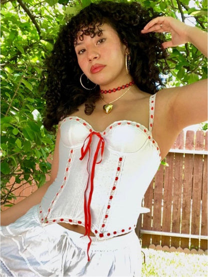 White Red Stylish Ribbon Corset Top