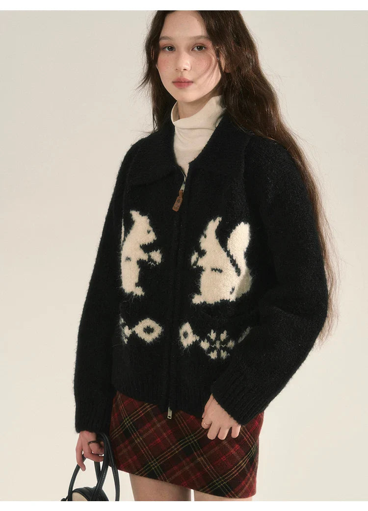 Squirrel Graphic Stylish Zipper Cardigan