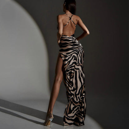 Zebra Print Mesh Cut Graceful Out Slit Maxi Dress