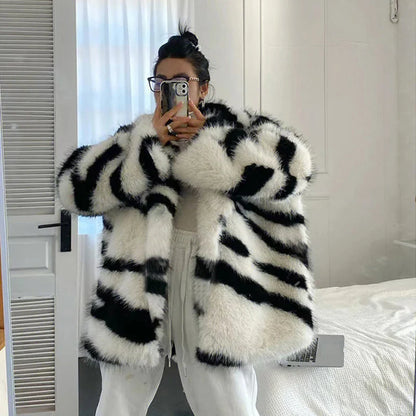 Zebra Striped Stylish Faux Fur Coat