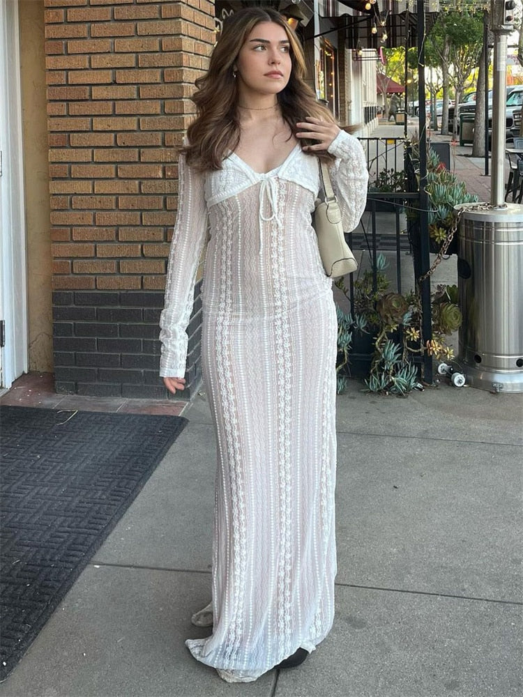 White Lace Mesh Layered Graceful Long Sleeve Maxi Dress