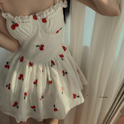 White Cherry Print Charming Skater Mini Dress