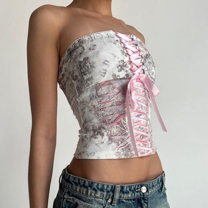 Printed Corset Pink Charming Ribbon Tie-Up Tube Top