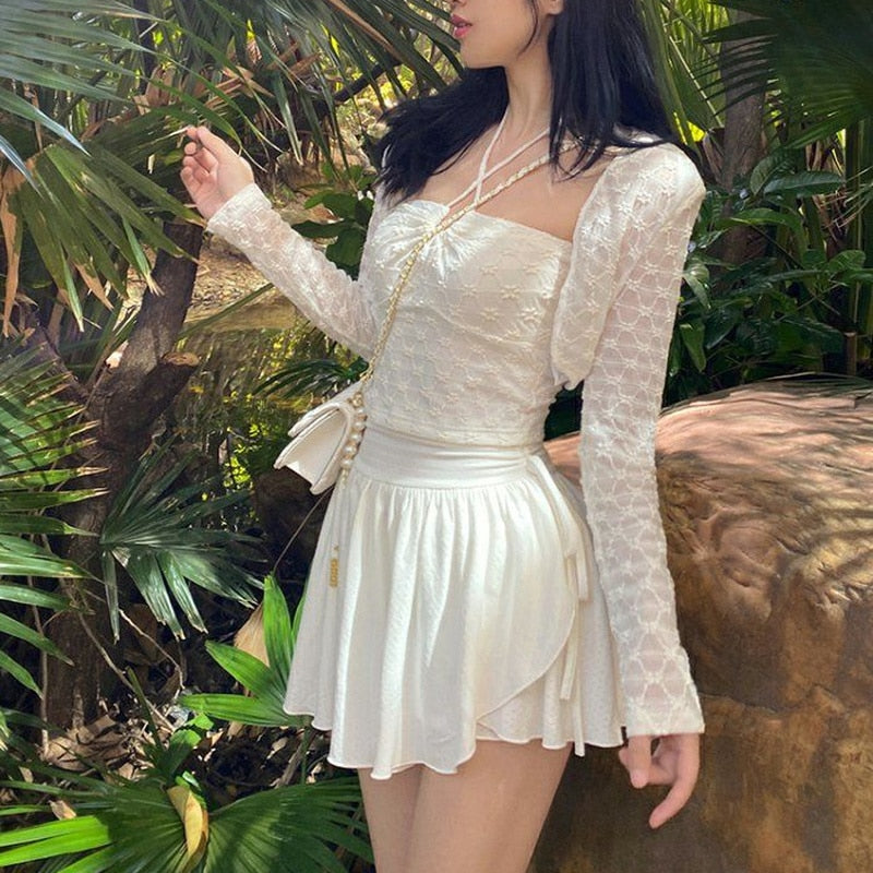 White Drawstring Folds Charming High Waist Mini Skirt