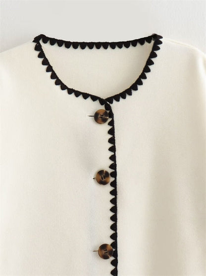 White Black Contrast Charming Seam Buttoned Coat Jacket