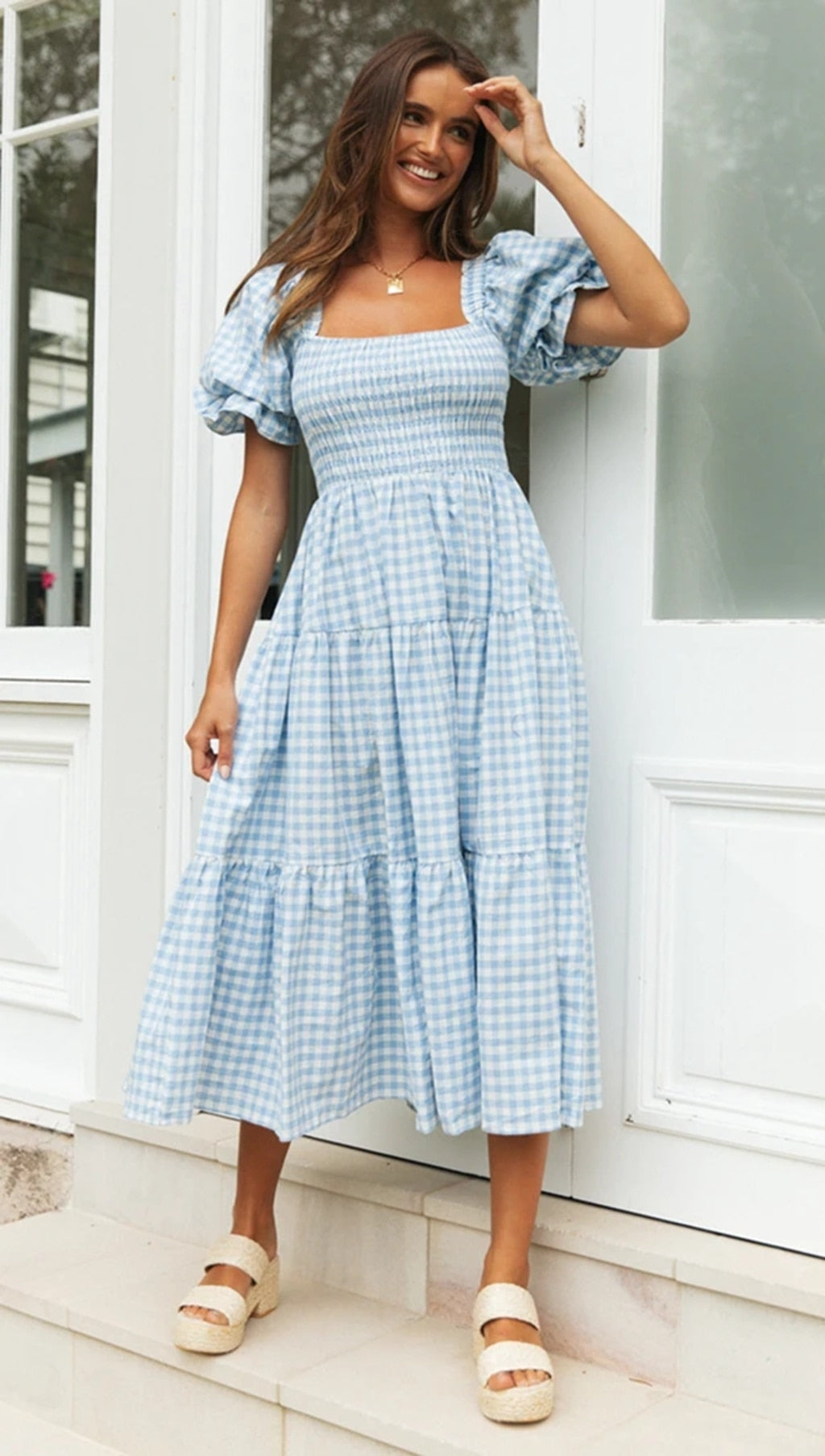 Plaid Puff Sleeve Midi Dress - Free From Label