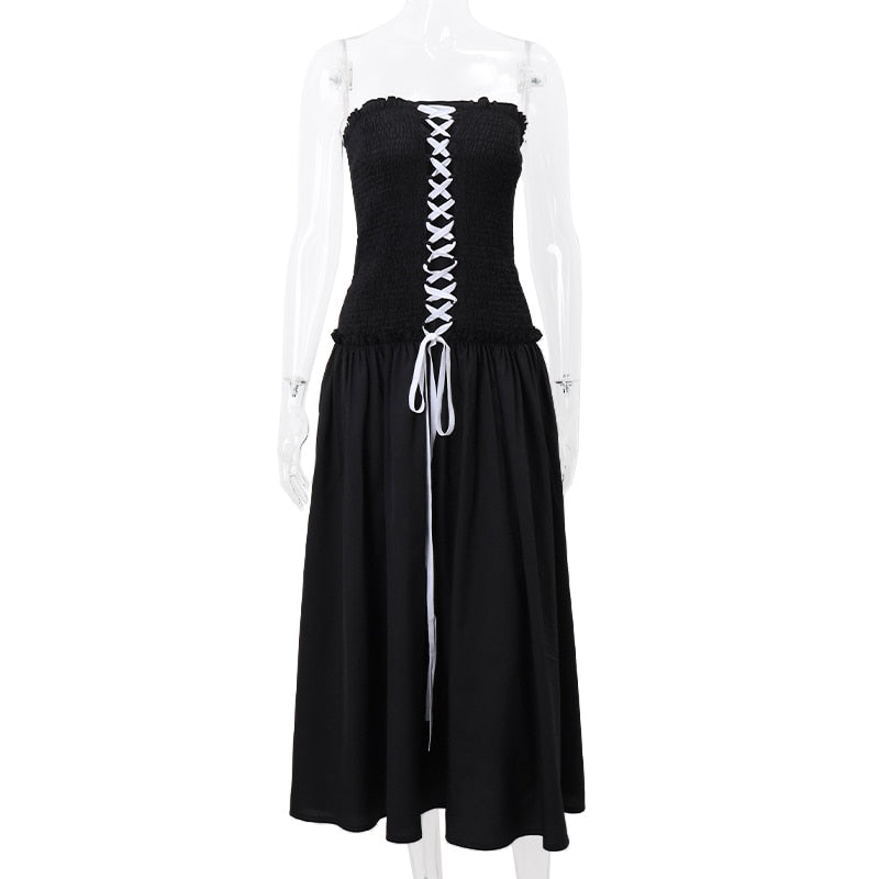 Black Tube Ruched Charming Lace Up Maxi Dress