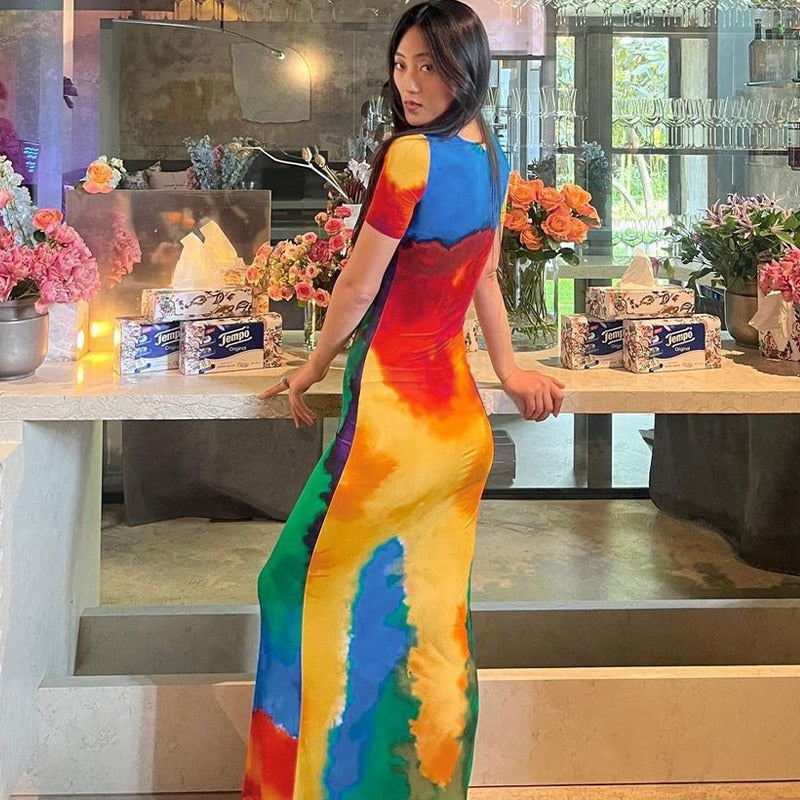 Short Sleeve Rainbow Tie Graceful Dye Print Maxi Dress