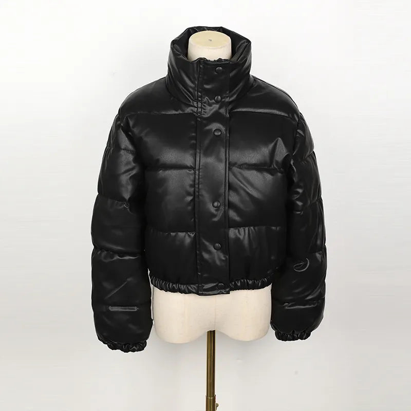 Faux Leather Stylish Puffer Short Jacket