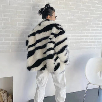 Zebra Striped Stylish Faux Fur Coat