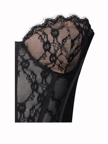 Black Lace Frill Sheer Graceful Tube Corset Maxi Dress