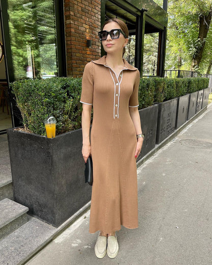 Knit Short Sleeve Charming Collar Maxi Dress