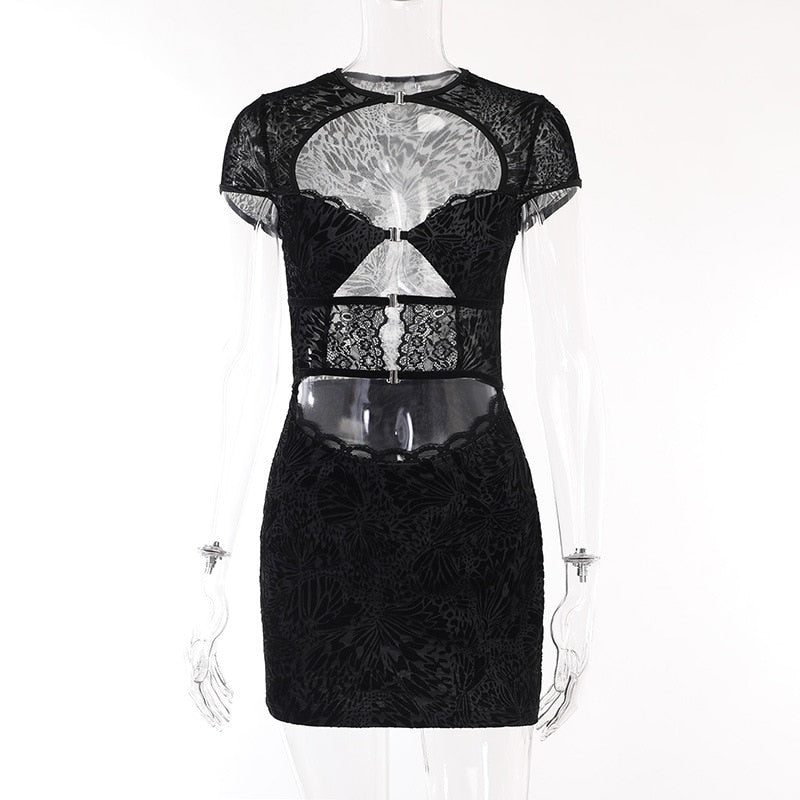 Black Lace Sheer Front Cut Trendy Out Design Short Sleeve Mini Dress