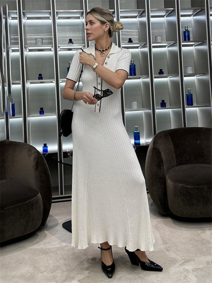 Knit Short Sleeve Charming Collar Maxi Dress