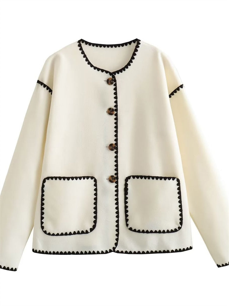 White Black Contrast Charming Seam Buttoned Coat Jacket