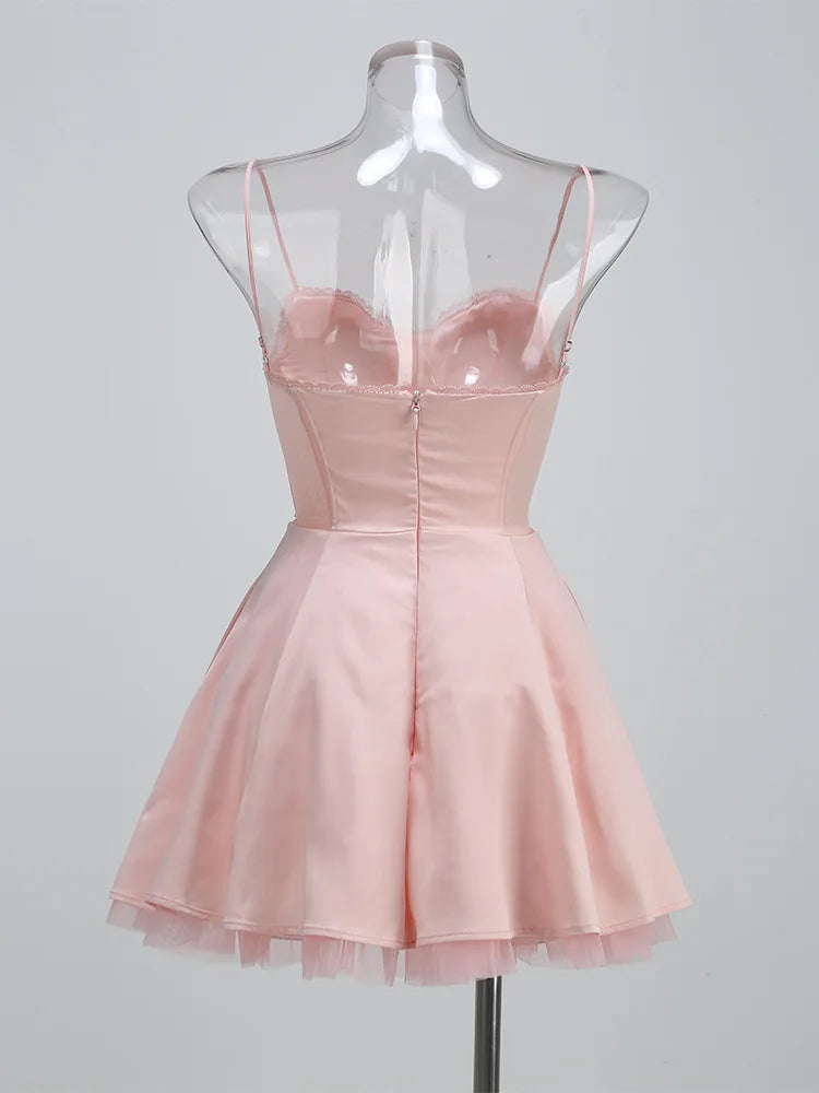 Satin Tulle Frill Charming Strap Mini Dress