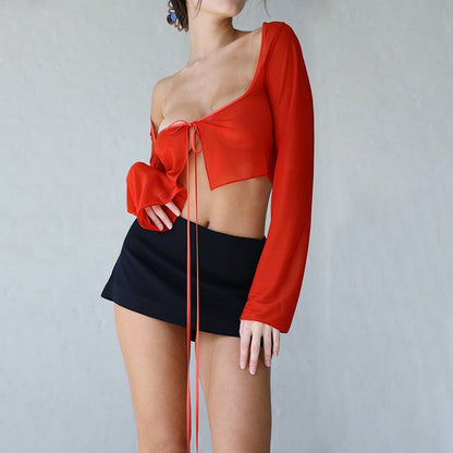 Mesh Tie-Up Long Sleeve Graceful Square Neck Crop Top