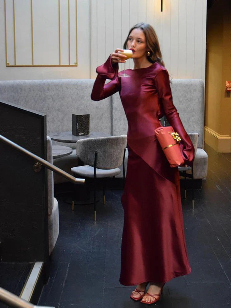 Long Sleeve Backless Charming Slit Satin Maxi Dress