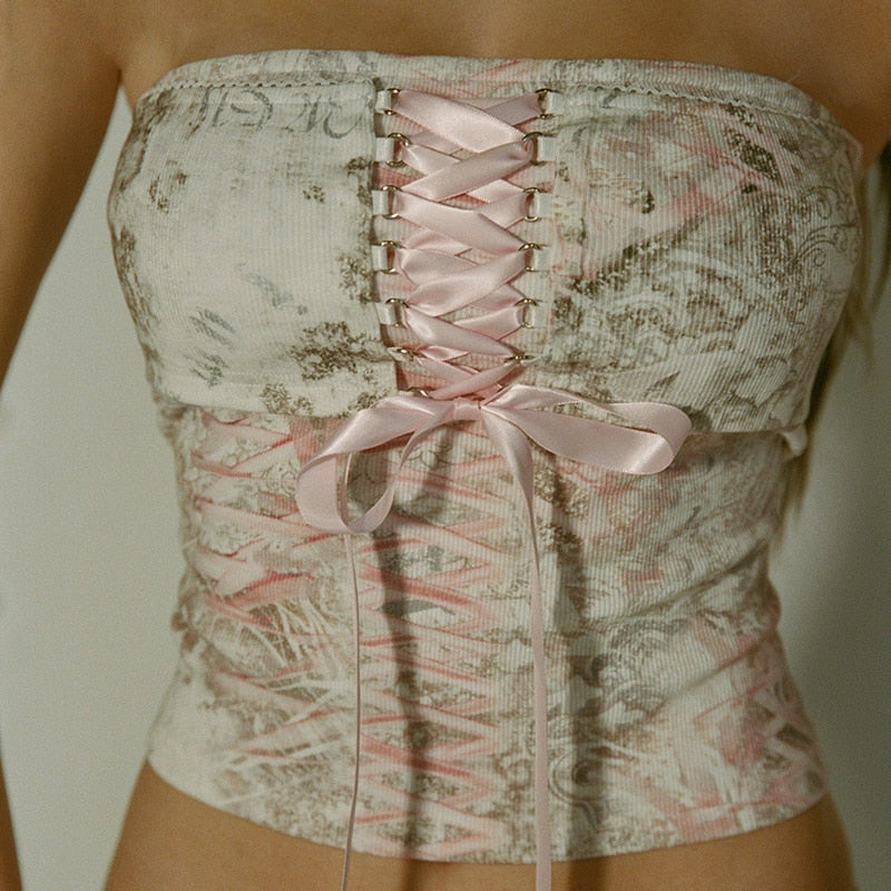 Printed Corset Pink Charming Ribbon Tie-Up Tube Top