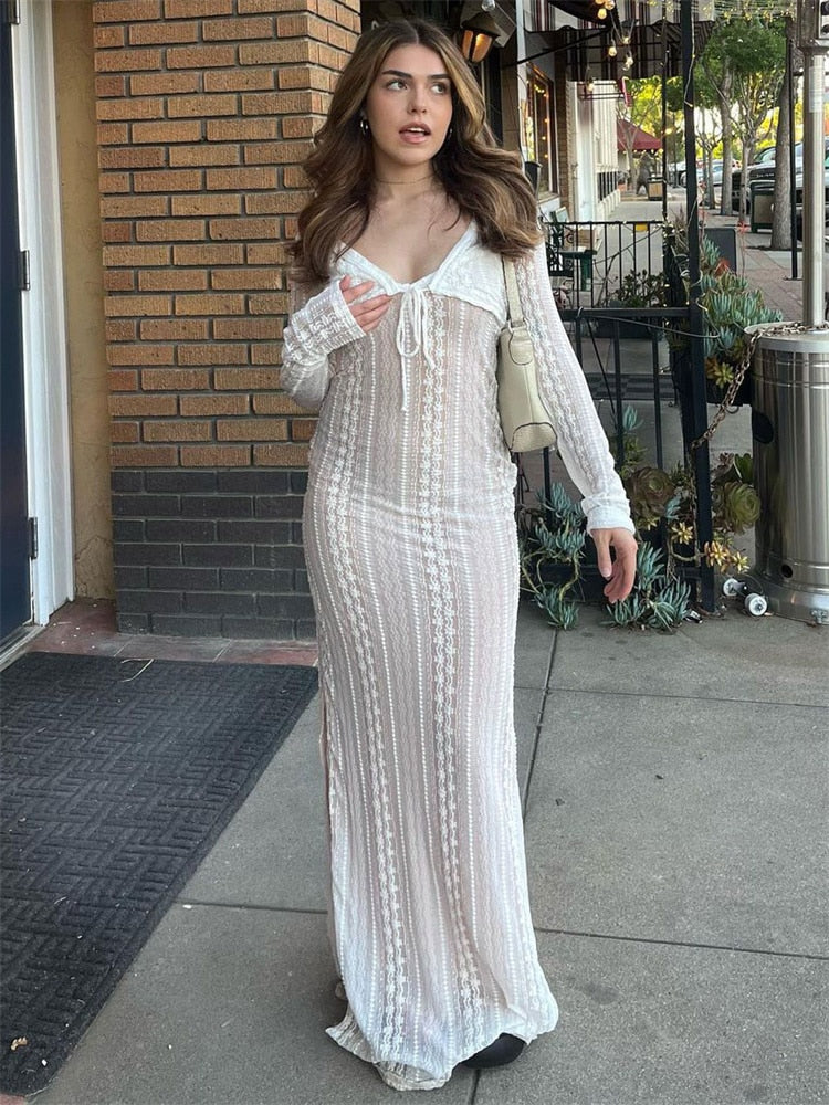 White Lace Mesh Layered Graceful Long Sleeve Maxi Dress