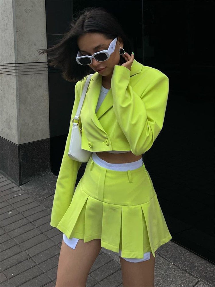 Cropped Blazer And Charming Pleated Mini Skirt Set