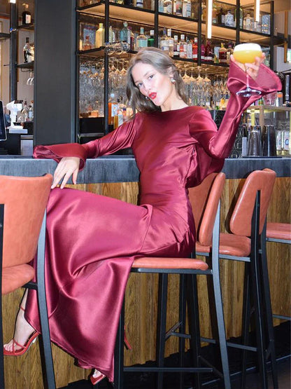 Long Sleeve Backless Charming Slit Satin Maxi Dress