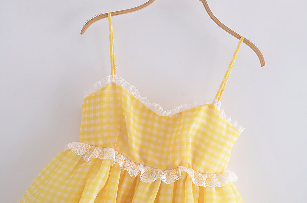 Yellow Plaid Puff Charming Babydoll Mini Dress