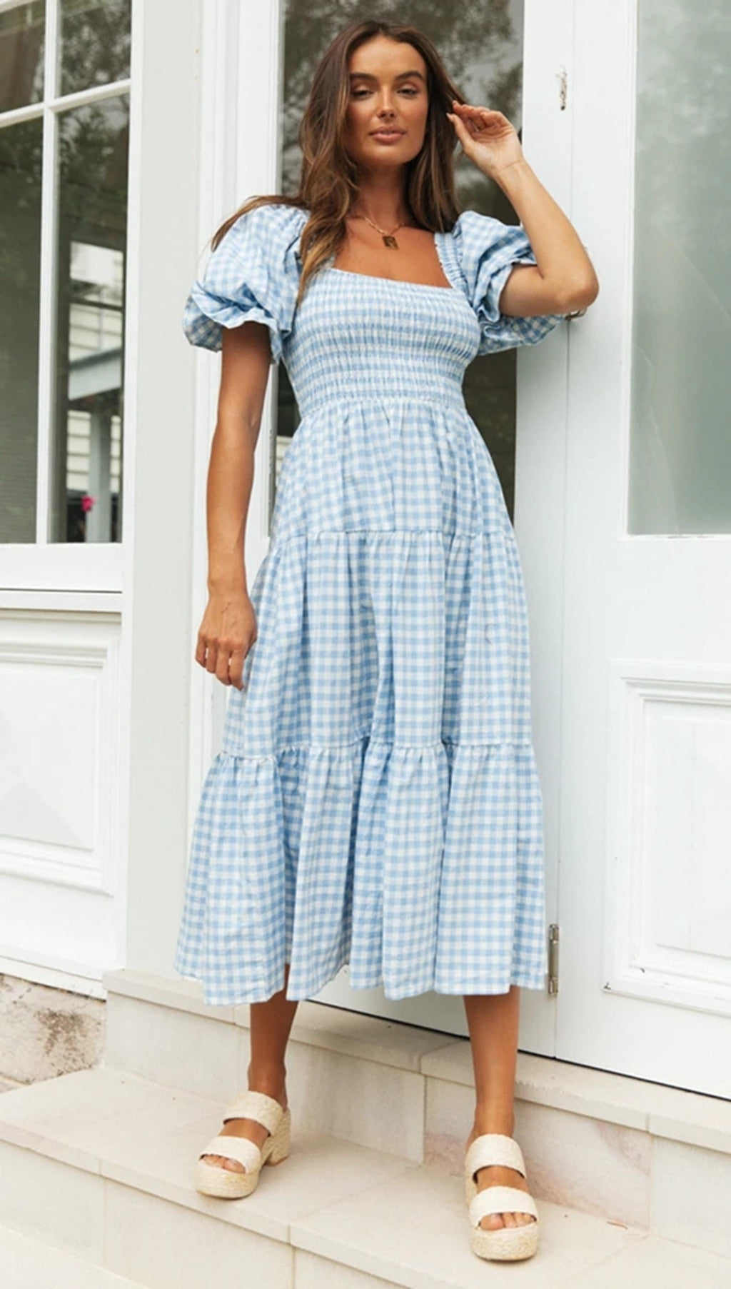 Plaid Puff Stylish Sleeve Midi Dress