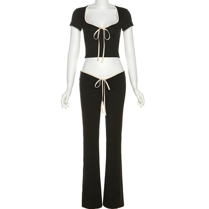 Black Ribbon Tie-Up Top Graceful And Pants Two Piece Set