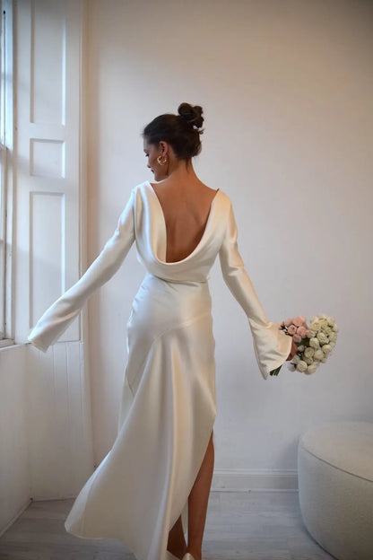 Long Sleeve Backless Charming Slit Satin Maxi Dress