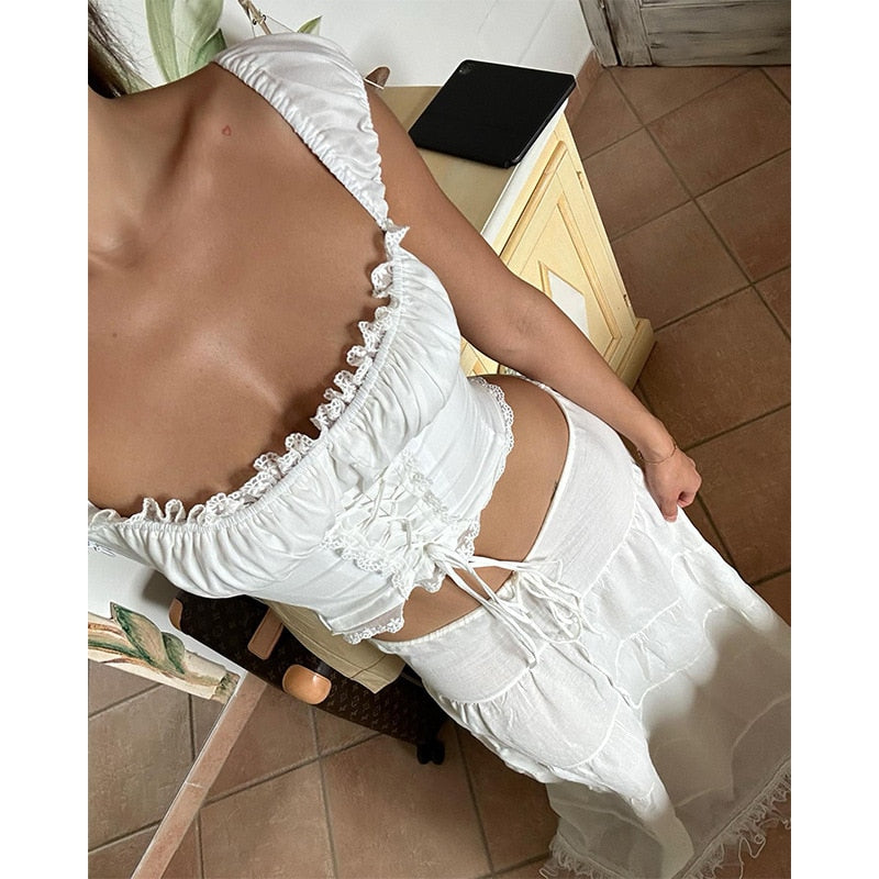 White Lace Tie-Up Top Graceful And Maxi Skirt Set