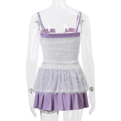 White Fur Purple Patchwork Crop Trendy Top And Mini Skirt Set