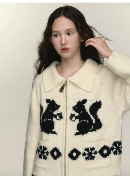 Squirrel Graphic Stylish Zipper Cardigan