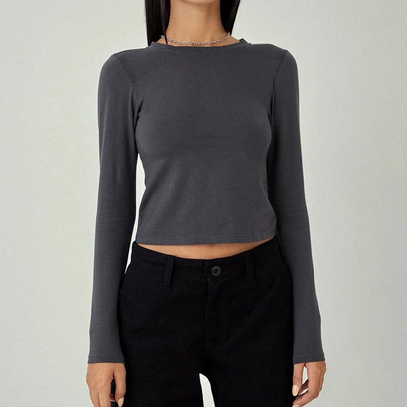 Long Sleeve Hollow Charming Back Tie-Up Crop Top