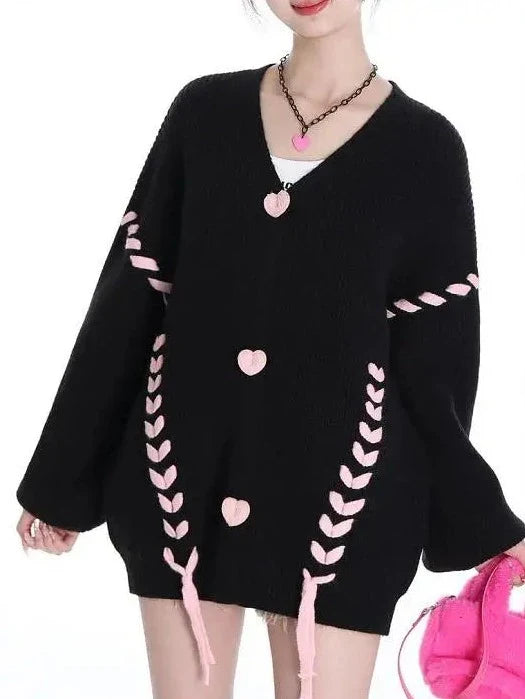 Heart Buttons Ribbion Charming Lace Up Cardigan