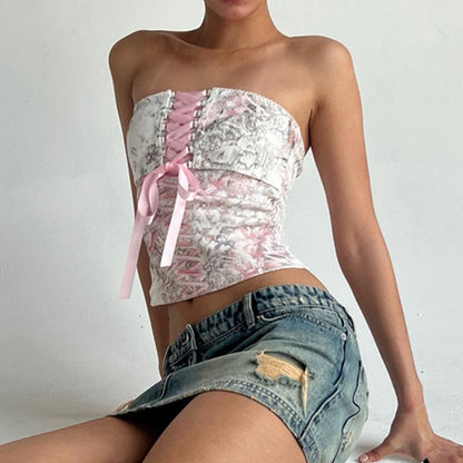 Printed Corset Pink Charming Ribbon Tie-Up Tube Top