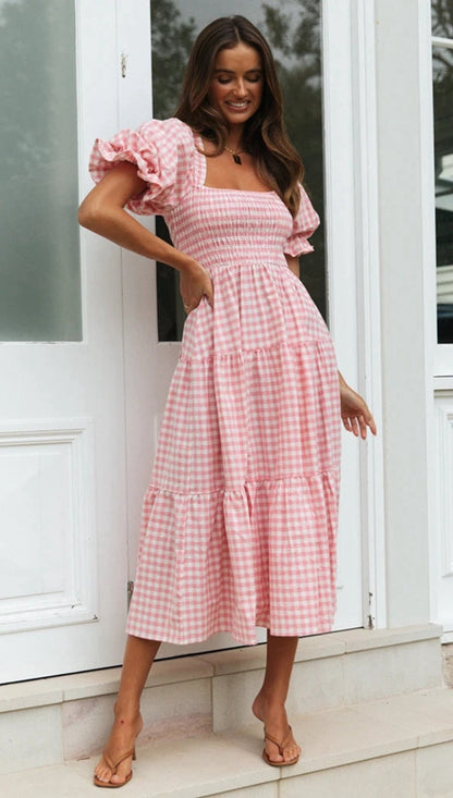 Plaid Puff Stylish Sleeve Midi Dress